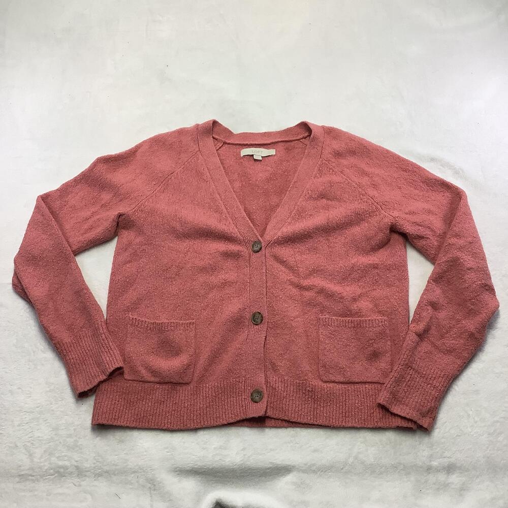LOFT Cardigan Sweater Womens Medium Pink V Neck Button Front Pockets Soft Knit